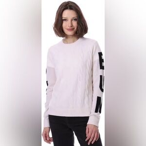 Minnie Rose “Ski Bum” White Cashmere Cable Knit Sweater with Black Lettering